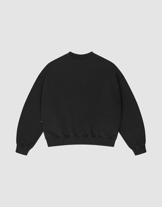 The Basic Blank Sweater by LIVE FAST DIE YOUNG is an oversize fit black crewneck, laid flat and viewed from the back on a light gray background. Made from a cotton-polyester blend, it has long sleeves with ribbed cuffs, collar, and hem.