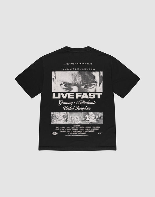 The LFDY Cinema Tee by LIVE FAST DIE YOUNG is an oversized black 100% cotton shirt with a front and back print—intense eyes, "LIVE FAST" graphic, film-style credits, French text above, plus countries and cities listed. | plain