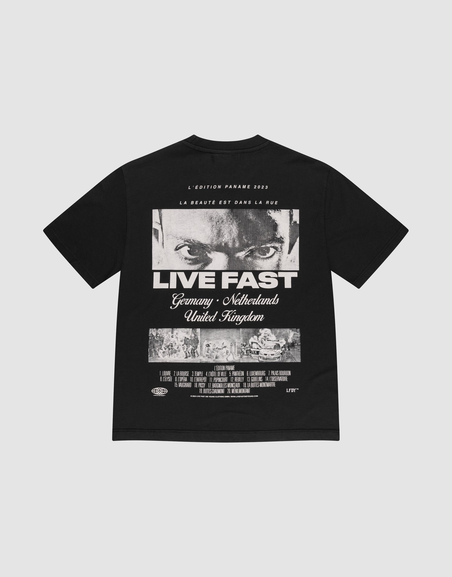 The LFDY Cinema Tee by LIVE FAST DIE YOUNG is an oversized black 100% cotton shirt with a front and back print—intense eyes, "LIVE FAST" graphic, film-style credits, French text above, plus countries and cities listed. | plain