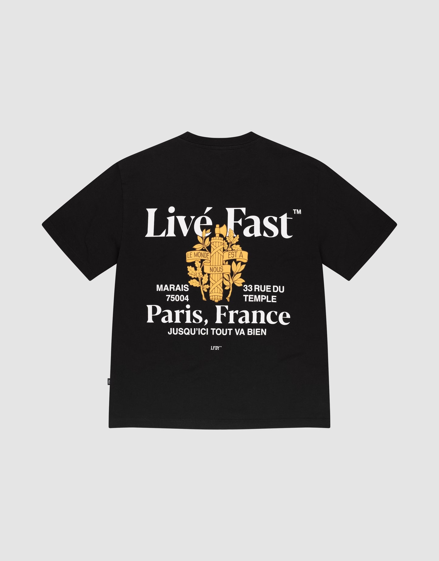 The LFDY Paris Tee by LIVE FAST DIE YOUNG is an oversize black shirt with bold white "Livé Fast" and "Paris, France" text, a yellow rose graphic, front and back prints, and made from 100% Baumwolle for comfort. | plain