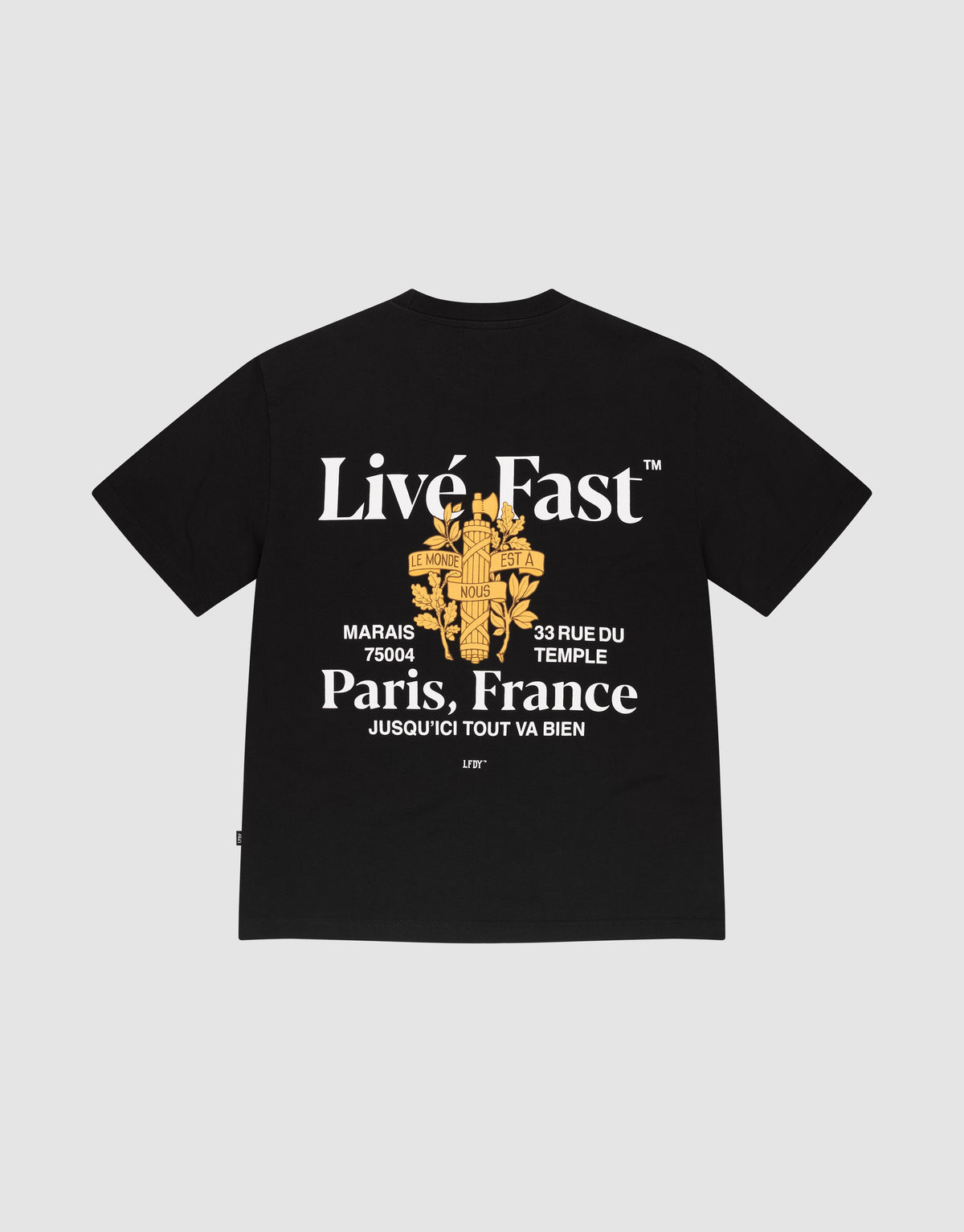 The LFDY Paris Tee by LIVE FAST DIE YOUNG is an oversize black shirt with bold white "Livé Fast" and "Paris, France" text, a yellow rose graphic, front and back prints, and made from 100% Baumwolle for comfort. | plain