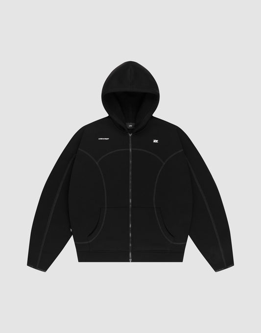 The LIVE FAST DIE YOUNG LFDY Active Fleece Hooded Zip is a black oversize hoodie with curved seam details and white logo prints on the left chest and right shoulder, shown on a plain light gray background. | plain