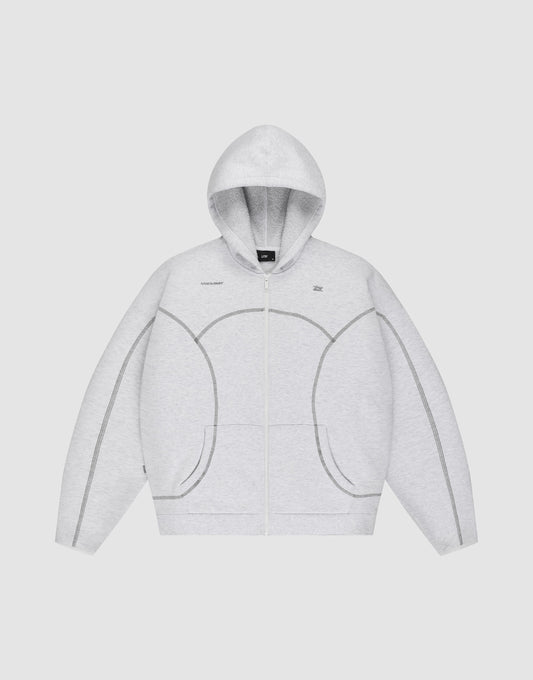 The LFDY Active Fleece Hooded Zip by LIVE FAST DIE YOUNG is a light gray oversized zip-up hoodie in 100% Baumwolle, featuring a hood, front pockets, and dark gray stitched seams outlining unique curved and straight patterns. | plain