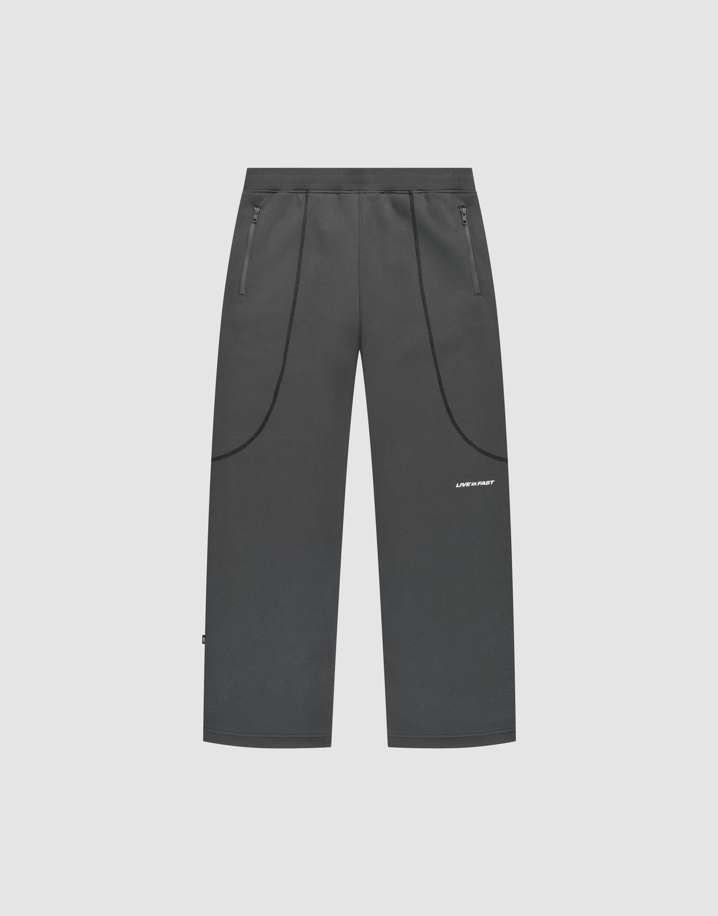Dark gray LFDY Active Fleece Jogger by LIVE FAST DIE YOUNG featuring a wide fit, straight-leg design, zippered side pockets, curved seam details, and a small white logo on the upper left thigh, shown on a plain light background.