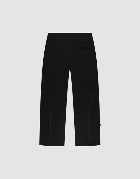 The LFDY Active Fleece Jogger by LIVE FAST DIE YOUNG features a black wide fit, straight legs, elastic waistband, right-side back pocket, and subtle seam detailing, shown against a light gray background.