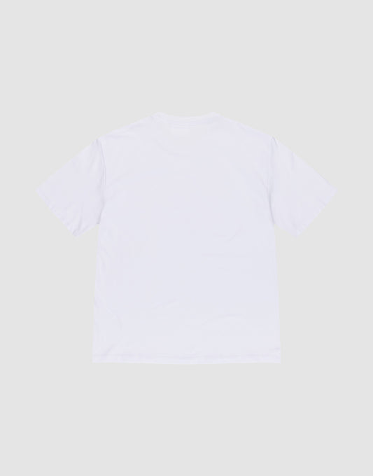 The LFDY Slim Tee by LIVE FAST DIE YOUNG is a plain white slim-fit T-shirt featuring a subtle Flag-Label, crafted from soft Baumwolle Elasthan, shown laid flat from the back on a light gray background.