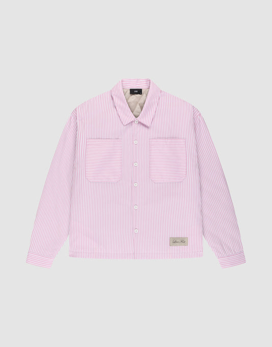 The LFDY Striped Padded Shirt by LIVE FAST DIE YOUNG is a long-sleeve, button-up Herren Hemdjacke with light pink and white vertical stripes, two chest pockets, and a small rectangular patch near the bottom hem. | plain