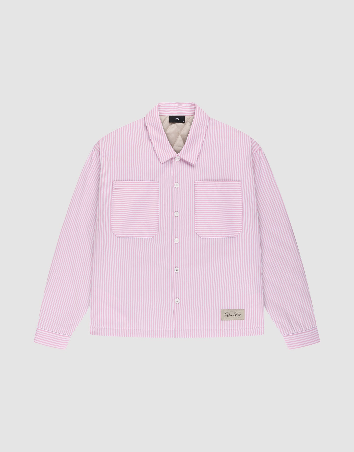 The LFDY Striped Padded Shirt by LIVE FAST DIE YOUNG is a long-sleeve, button-up Herren Hemdjacke with light pink and white vertical stripes, two chest pockets, and a small rectangular patch near the bottom hem. | plain