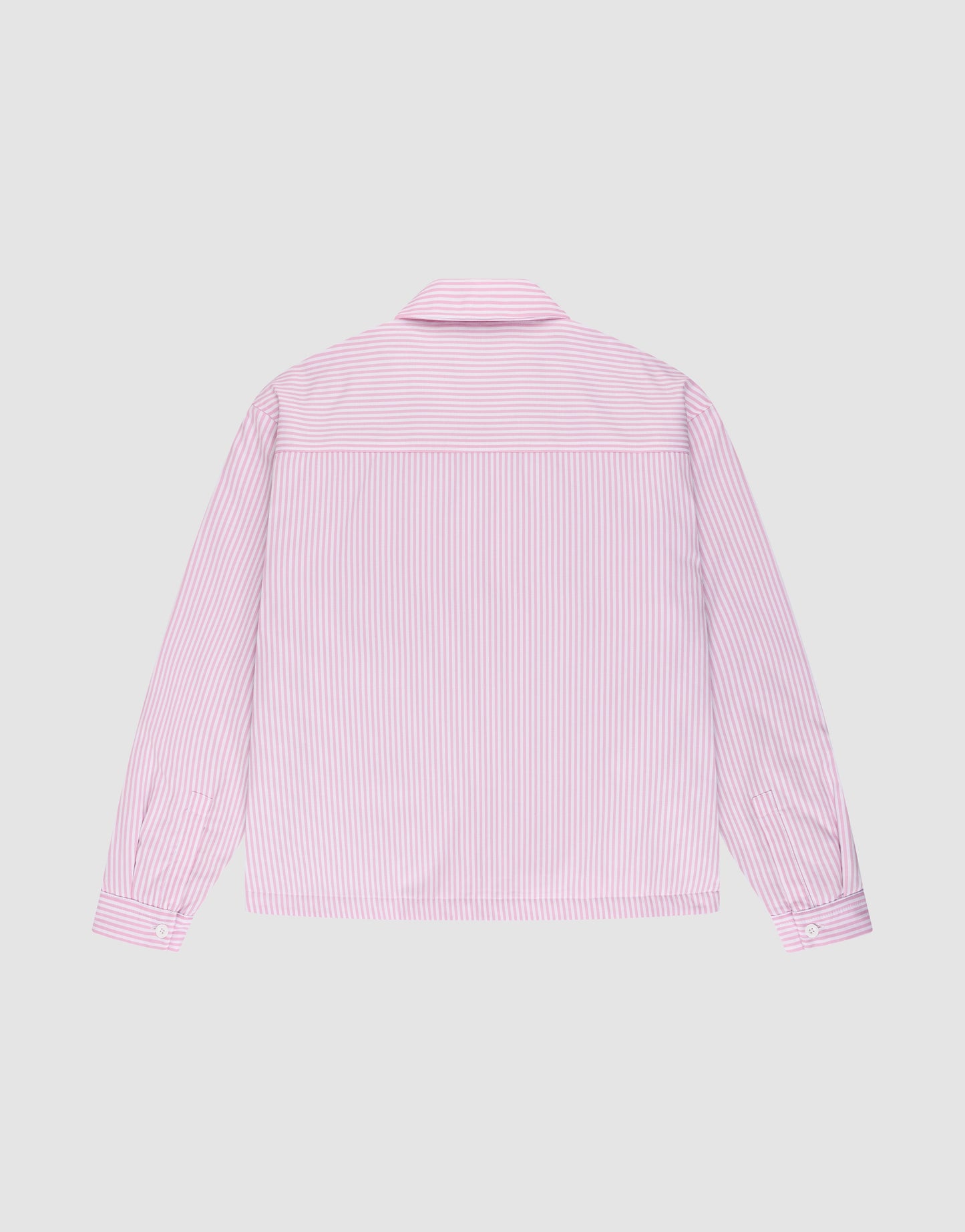 The LFDY Striped Padded Shirt by LIVE FAST DIE YOUNG is an oversized, long-sleeve button-up with a classic collar and thin pink and white stripes, shown from the back against a plain light background.
