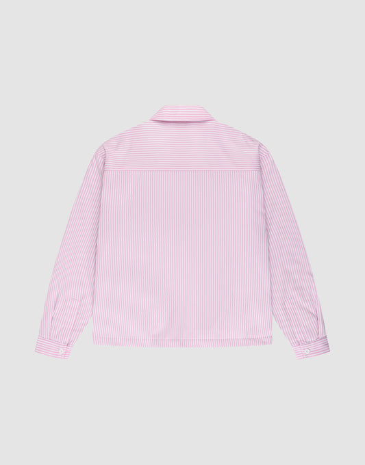 The LFDY Striped Padded Shirt by LIVE FAST DIE YOUNG is an oversized, long-sleeve button-up with a classic collar and thin pink and white stripes, shown from the back against a plain light background.