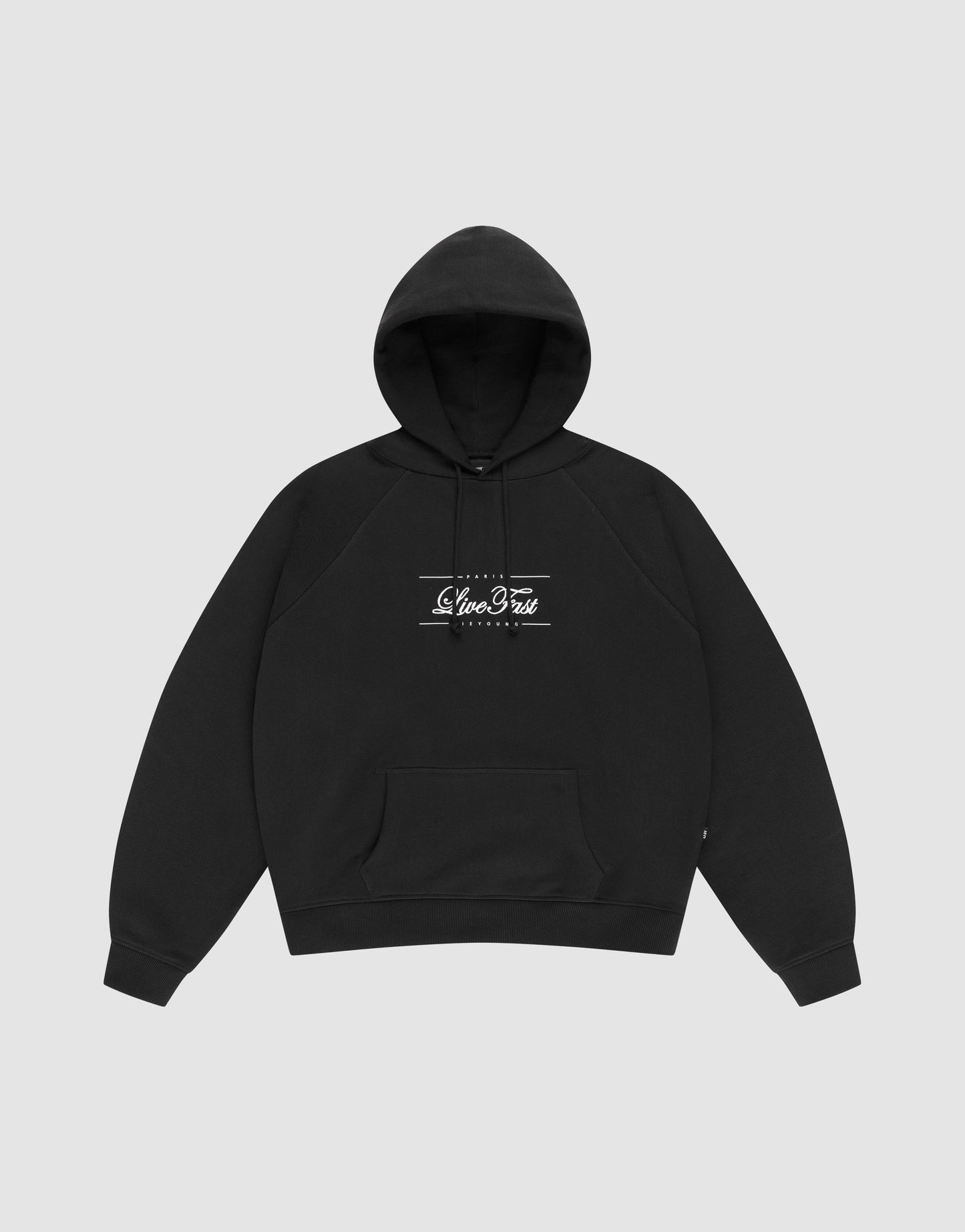 The LFDY Embroidery Hooded by LIVE FAST DIE YOUNG is a black regular fit hoodie made from 100% Baumwolle, featuring a front pocket and white Slice & Tea Originals print on the chest, shown on a plain light gray background. | plain