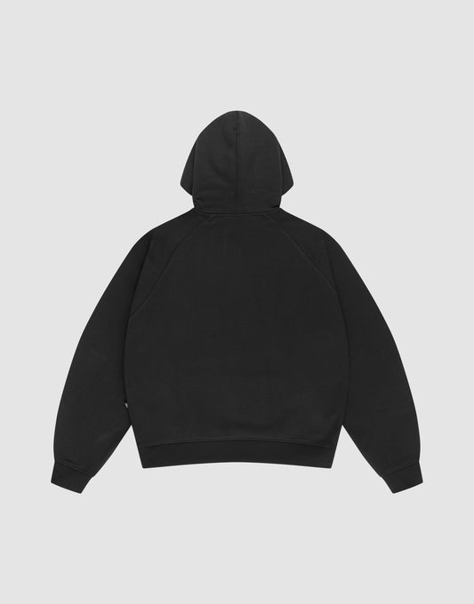 The LFDY Embroidery Hooded by LIVE FAST DIE YOUNG is a plain black hoodie in a Regular Fit, shown flat from the back with long sleeves and no visible logos, crafted from 100% Baumwolle french terry for comfort and durability.