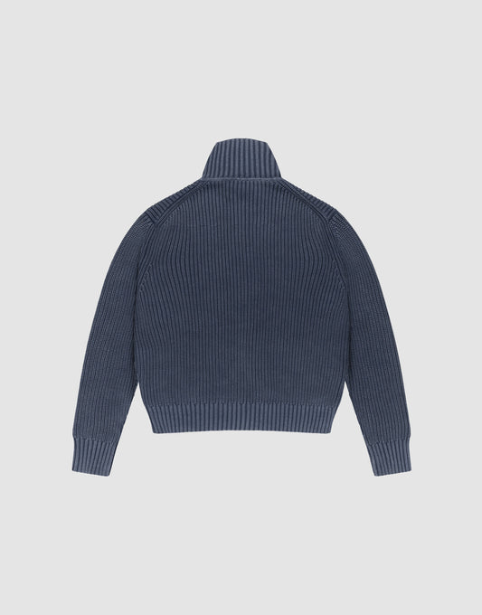 The LFDY Knit Jacket by LIVE FAST DIE YOUNG is a blue ribbed knit sweater made from soft Baumwolle, with a Stehkragen, long sleeves, and a slightly cropped hem, shown flat with the back facing up on a light background.