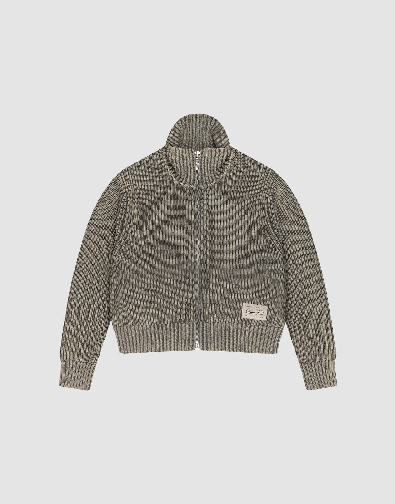 The LFDY Knit Jacket by LIVE FAST DIE YOUNG is a ribbed, zip-up sweater in muted grey with a Stehkragen, long sleeves, and a cream patch with text on the lower left front. Designed in Regular Fit for comfort. | plain