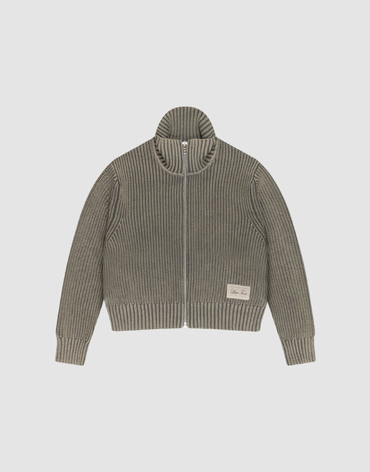 The LFDY Knit Jacket by LIVE FAST DIE YOUNG is a ribbed, zip-up sweater in muted grey with a Stehkragen, long sleeves, and a cream patch with text on the lower left front. Designed in Regular Fit for comfort. | plain