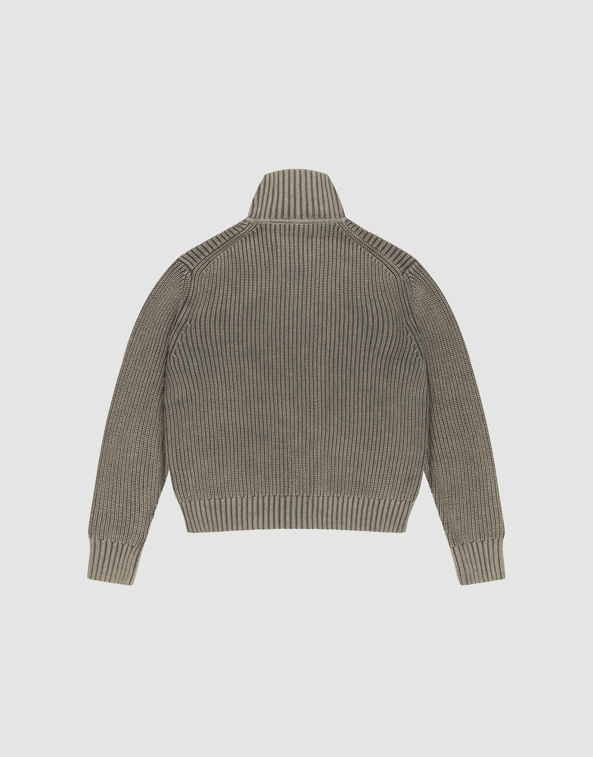 A back view of the gray LFDY Knit Jacket by LIVE FAST DIE YOUNG, featuring a ribbed knit design, Stehkragen, long sleeves, and fitted cuffs and hem in Regular Fit, displayed on a plain white background.