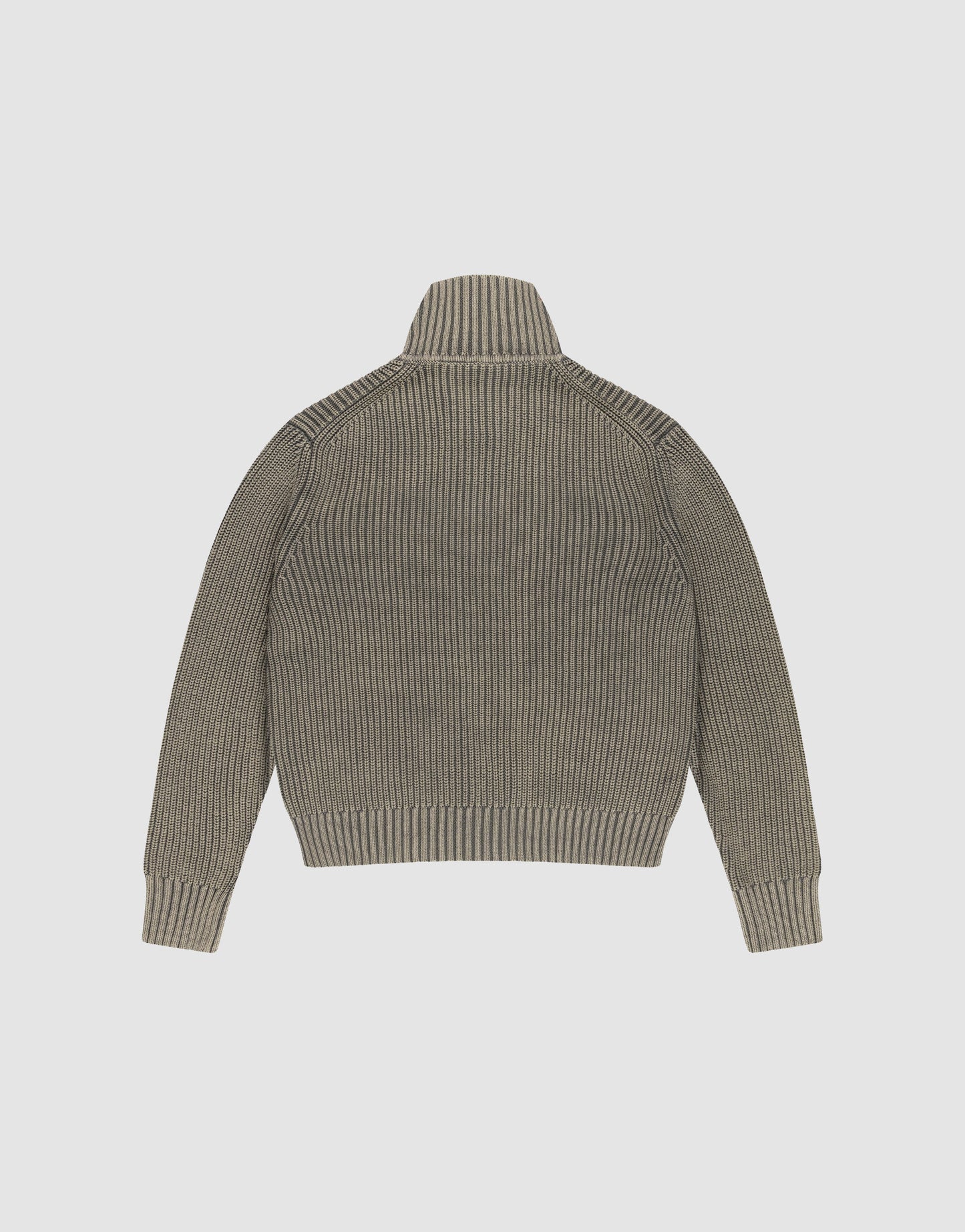 A back view of the gray LFDY Knit Jacket by LIVE FAST DIE YOUNG, featuring a ribbed knit design, Stehkragen, long sleeves, and fitted cuffs and hem in Regular Fit, displayed on a plain white background.