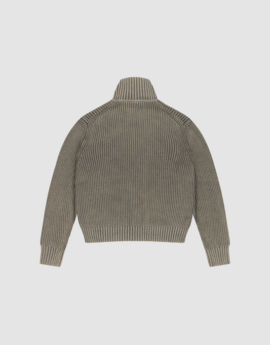 A back view of the gray LFDY Knit Jacket by LIVE FAST DIE YOUNG, featuring a ribbed knit design, Stehkragen, long sleeves, and fitted cuffs and hem in Regular Fit, displayed on a plain white background.