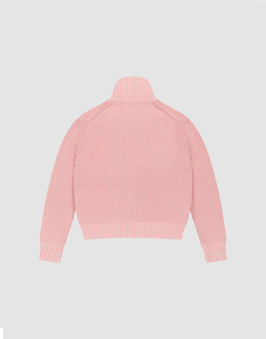 The LFDY Knit Jacket by LIVE FAST DIE YOUNG is a light pink ribbed knit sweater in Regular Fit with long sleeves and a high Stehkragen, shown flat with its back facing up on a plain gray background.