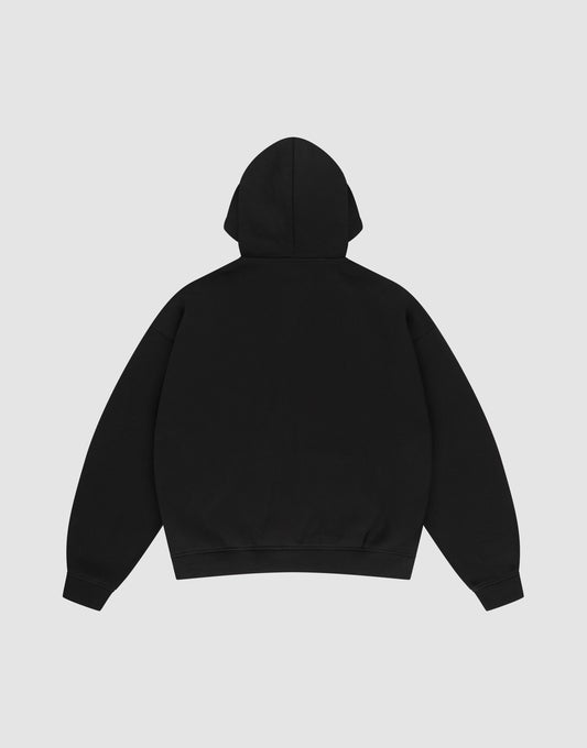 The Basic Hooded Zip by LIVE FAST DIE YOUNG is shown from the back with the hood up and sleeves spread out, displayed flat on a light gray background. Subtle LFDY branding accents this plain black hoodie.