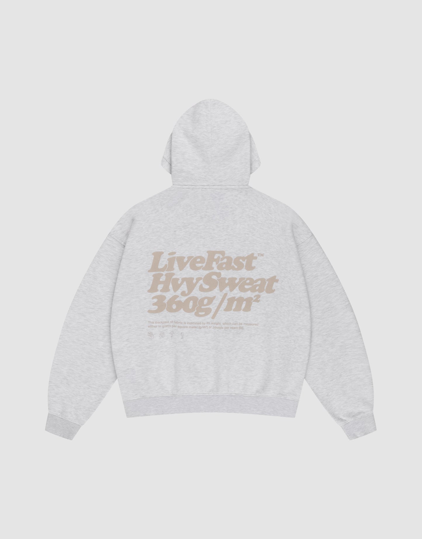 The Basic 360 Hooded by LIVE FAST DIE YOUNG is a light gray, oversized hoodie shown flat from the back. It features large beige front and back prints and is crafted from a high-quality cotton-polyester blend for comfort and style.