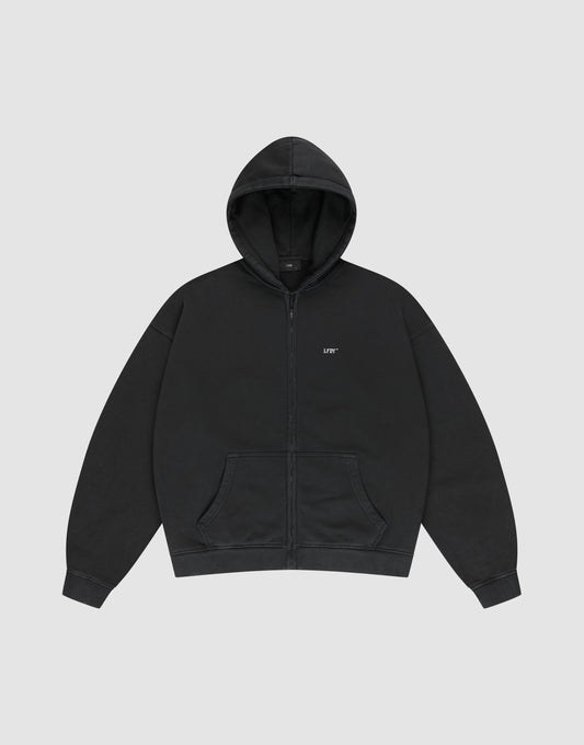 A black Basic Hooded Zip by LIVE FAST DIE YOUNG, oversize fit with front pocket and hood, features a small white LIFE logo on the left chest, shown against a light gray background. | plain
