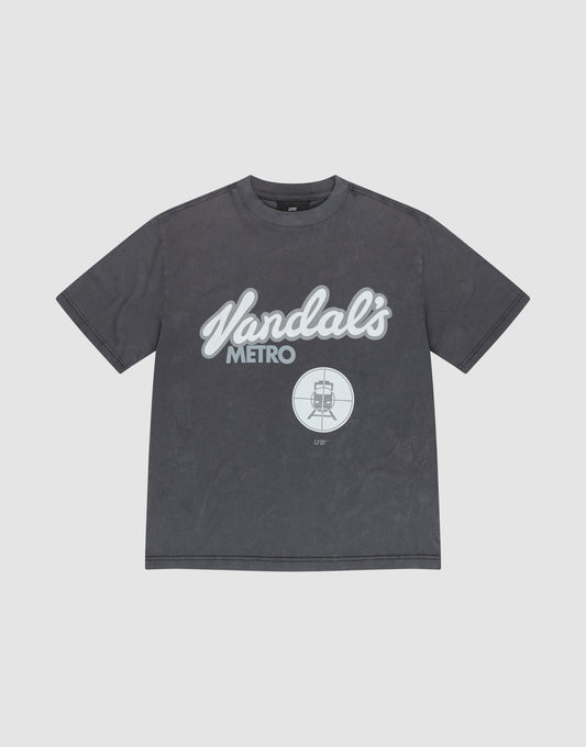 The LFDY Vandals Tee by LIVE FAST DIE YOUNG is a black Oversize Fit t-shirt with "Vandals METRO" in white cursive and block letters, a bold front print, and a small circular subway train graphic above it. | plain