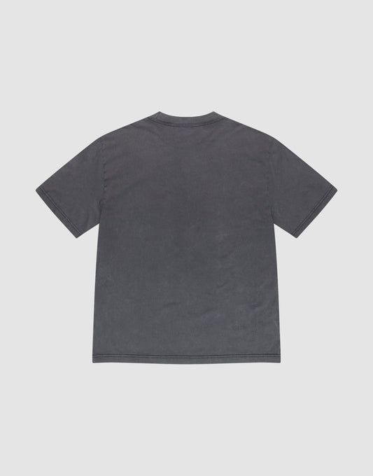 The LIVE FAST DIE YOUNG LFDY Vandals Tee is a plain, short-sleeved, dark gray oversized t-shirt made from 100% Baumwolle. Shown laid flat on a light gray background from the back, it has no visible logos or designs.