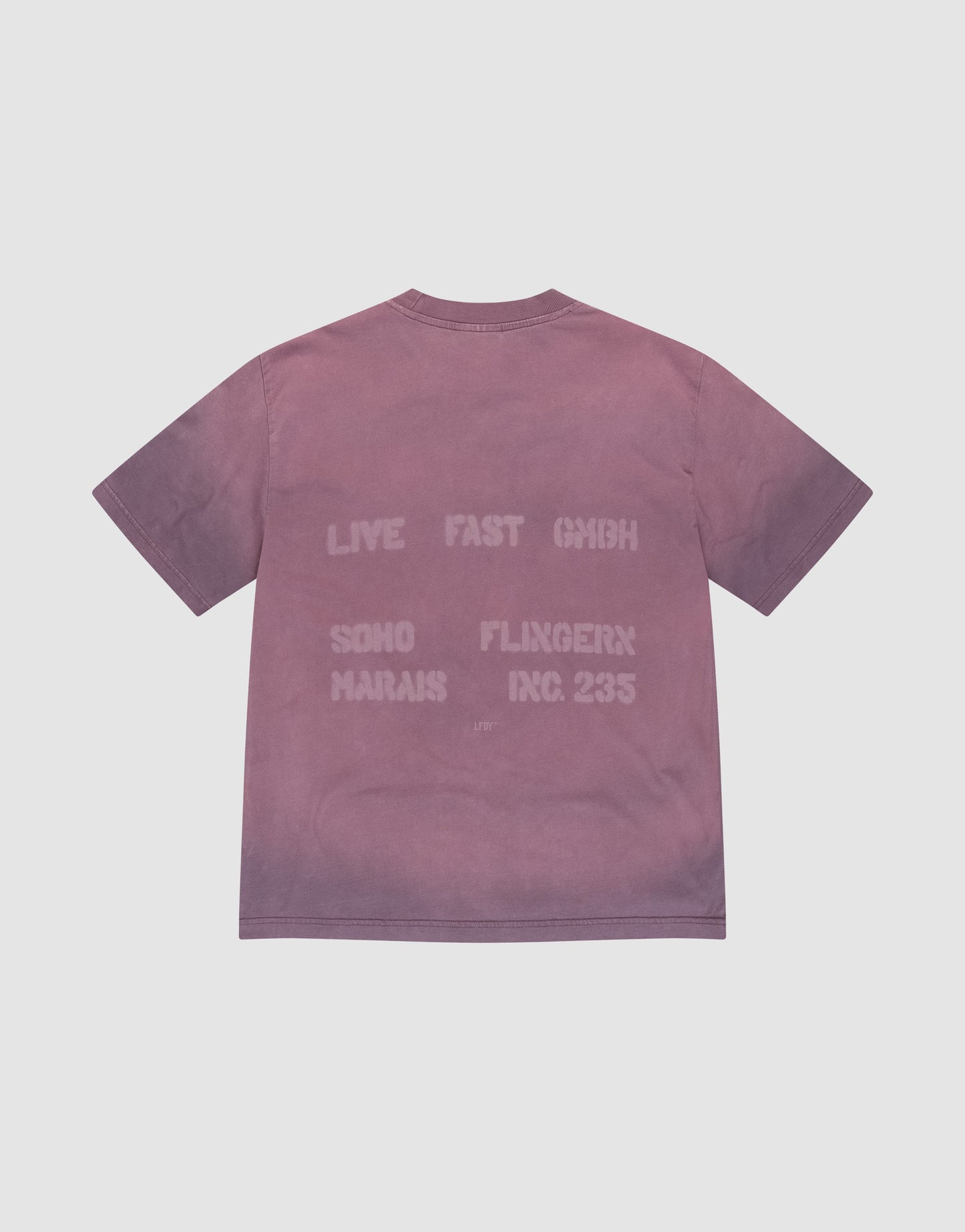 The Live Fast District Tee by LIVE FAST DIE YOUNG is a faded mauve oversized short-sleeve T-shirt with stenciled text on the back. Made from 100% Baumwolle, it has a washed vintage look and subtle spray-effect detailing. | plain