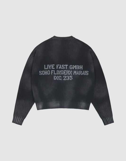 The LFDY Washed Knit Sweater by LIVE FAST DIE YOUNG is black, ribbed, and oversized, with a gray backprint. Made from 100% Baumwolle, it’s shown laid flat on a light gray background. | plain
