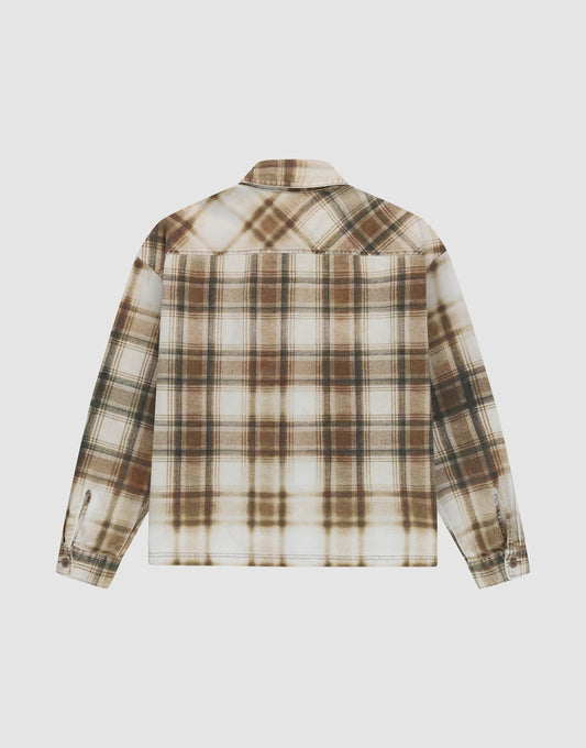 Back view of the LIVE FAST DIE YOUNG Faded Flannel, an oversize fit shirt made from cotton with a brown, beige, and white plaid pattern, shown against a plain white background.