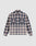 The LIVE FAST DIE YOUNG Vintage Flannel is an oversize, long-sleeve button-up with a Hemdkragen, two chest pockets, and a navy blue, white, and beige striped vintage Waschung pattern. Shirt shown laid flat on a light background.