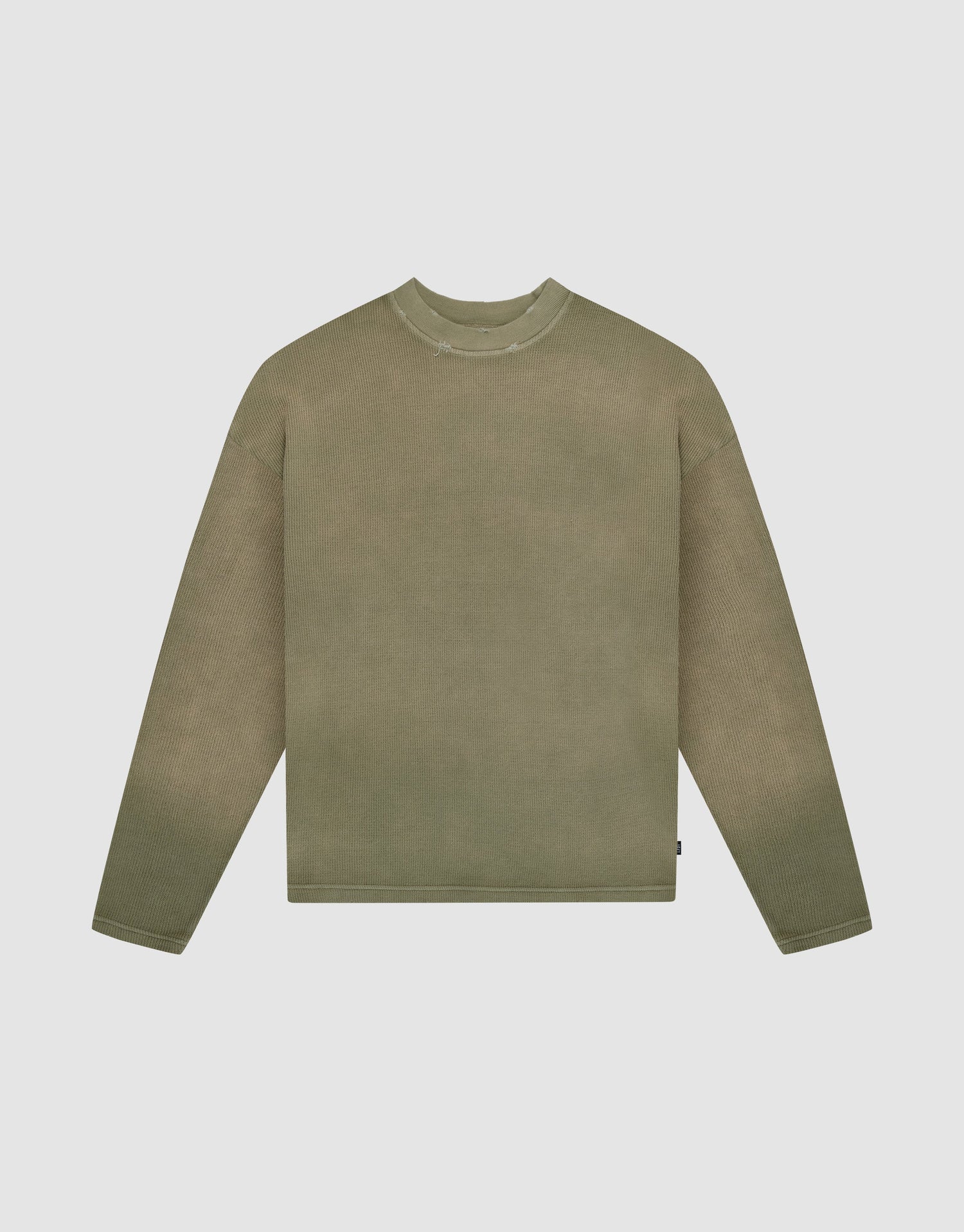 The LIVE FAST DIE YOUNG LFDY Rib Knit Longsleeve is a muted olive green, long-sleeved crewneck shirt with individueller Wasch-Effekt, shown flat on a light gray background.