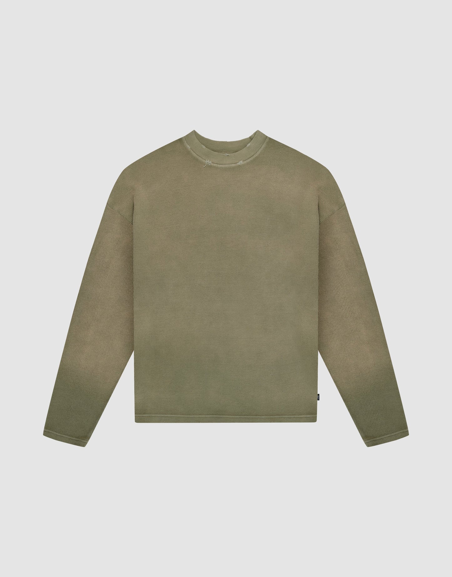 The LIVE FAST DIE YOUNG LFDY Rib Knit Longsleeve is a muted olive green, long-sleeved crewneck shirt with individueller Wasch-Effekt, shown flat on a light gray background. | plain