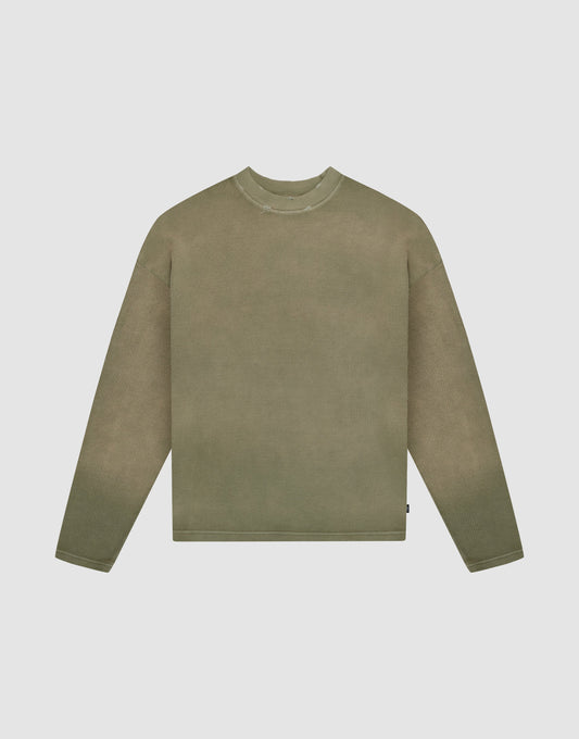 The LIVE FAST DIE YOUNG LFDY Rib Knit Longsleeve is a muted olive green, long-sleeved crewneck shirt with individueller Wasch-Effekt, shown flat on a light gray background. | plain