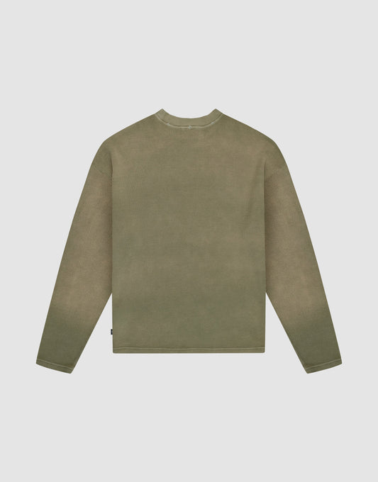 The LFDY Rib Knit Longsleeve by LIVE FAST DIE YOUNG is shown from the back, laid flat on a light gray background. In olive green with an Oversize Fit, it features 100% Baumwolle and an individuellen Wasch-Effekt for a unique look.