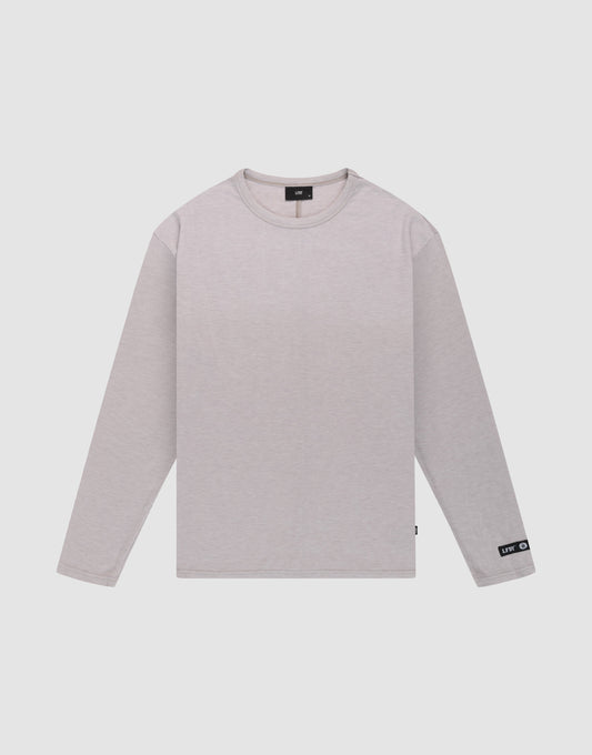 The LFDY Rib Longsleeve by LIVE FAST DIE YOUNG is a plain light grey oversized long-sleeve t-shirt with a crew neck, soft Polyester Viskose fabric, a black tag on the sleeve cuff, and a black label inside the neck. Displayed flat on white. | plain