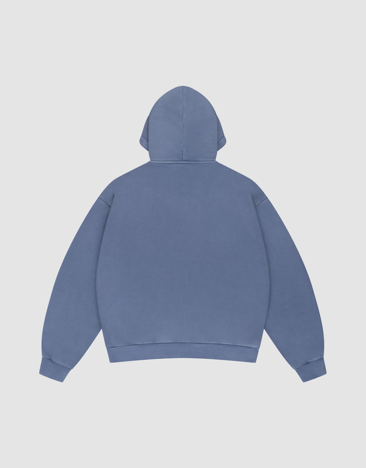 A plain blue LFDY GmbH Hooded by LIVE FAST DIE YOUNG is displayed flat, showing the back, long sleeves, ribbed cuffs and hem, and a hood with drawstrings against a white background.