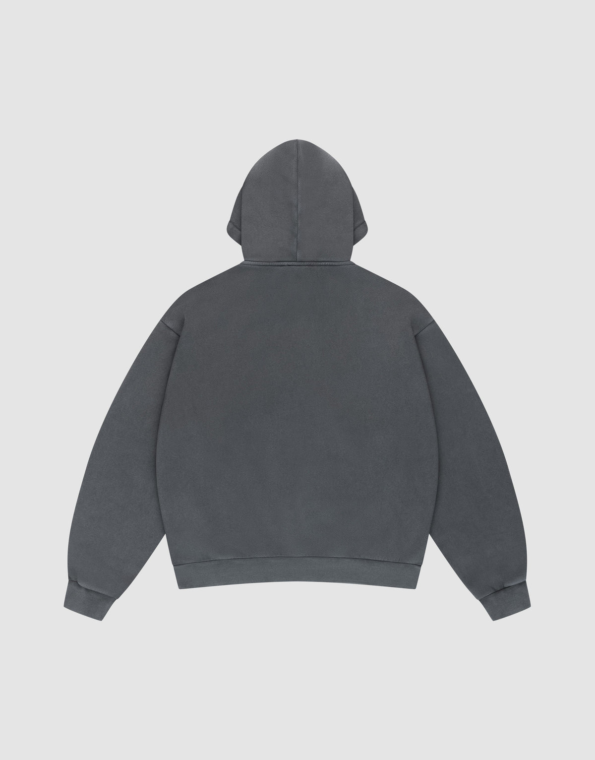 The LIVE FAST DIE YOUNG LFDY GmbH Hooded in plain dark gray is displayed flat against a light gray background, shown from the back with the hood up and sleeves spread out.