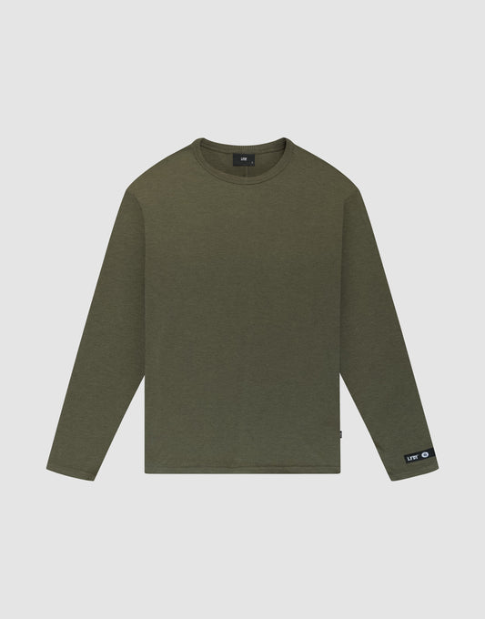 The LFDY Rib Longsleeve by LIVE FAST DIE YOUNG is an oversized, olive green, plain crewneck shirt with long sleeves. It features a small black web-label tag on the left wrist and is displayed flat on a white background. | plain