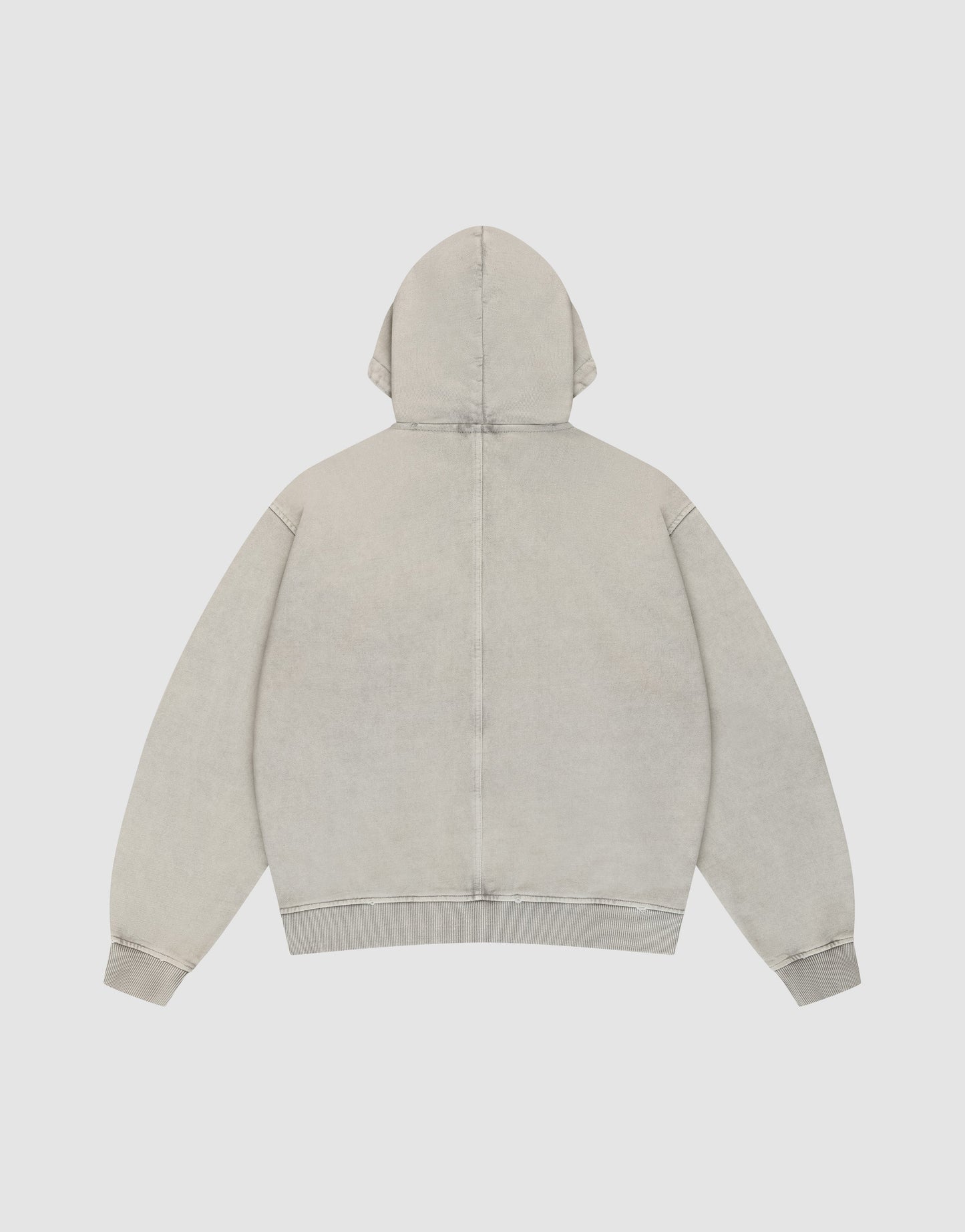 The LFDY Corp. Hooded Zip by LIVE FAST DIE YOUNG is a plain, light grey, oversized hoodie made from 100% Baumwolle with long sleeves and visible seams, shown from the back laying flat on a white background for a relaxed look.