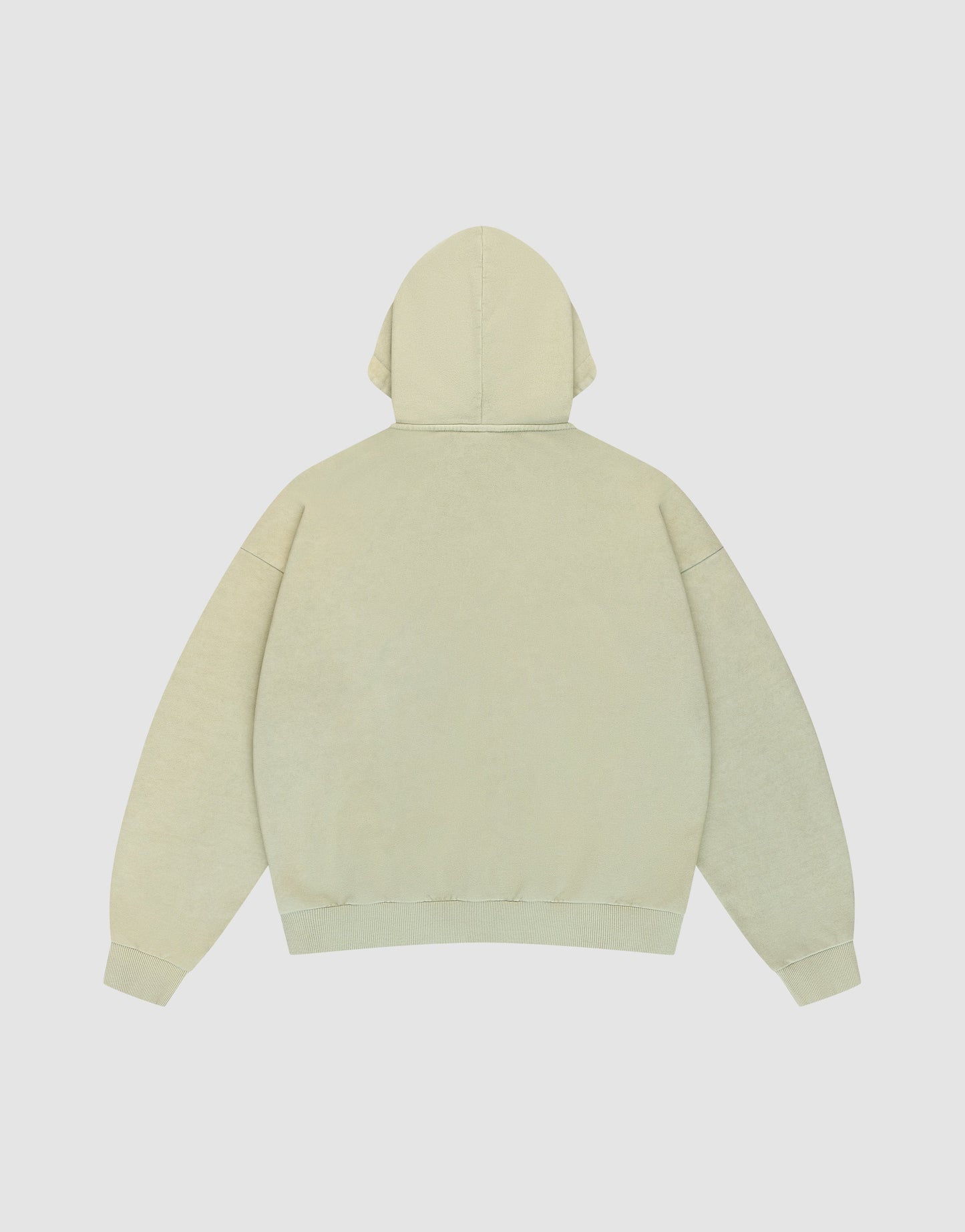 The LFDY District Hooded Zip by LIVE FAST DIE YOUNG is shown from the back against a white background, featuring an oversized fit, relaxed style, and long sleeves with ribbed cuffs and hem in light beige.