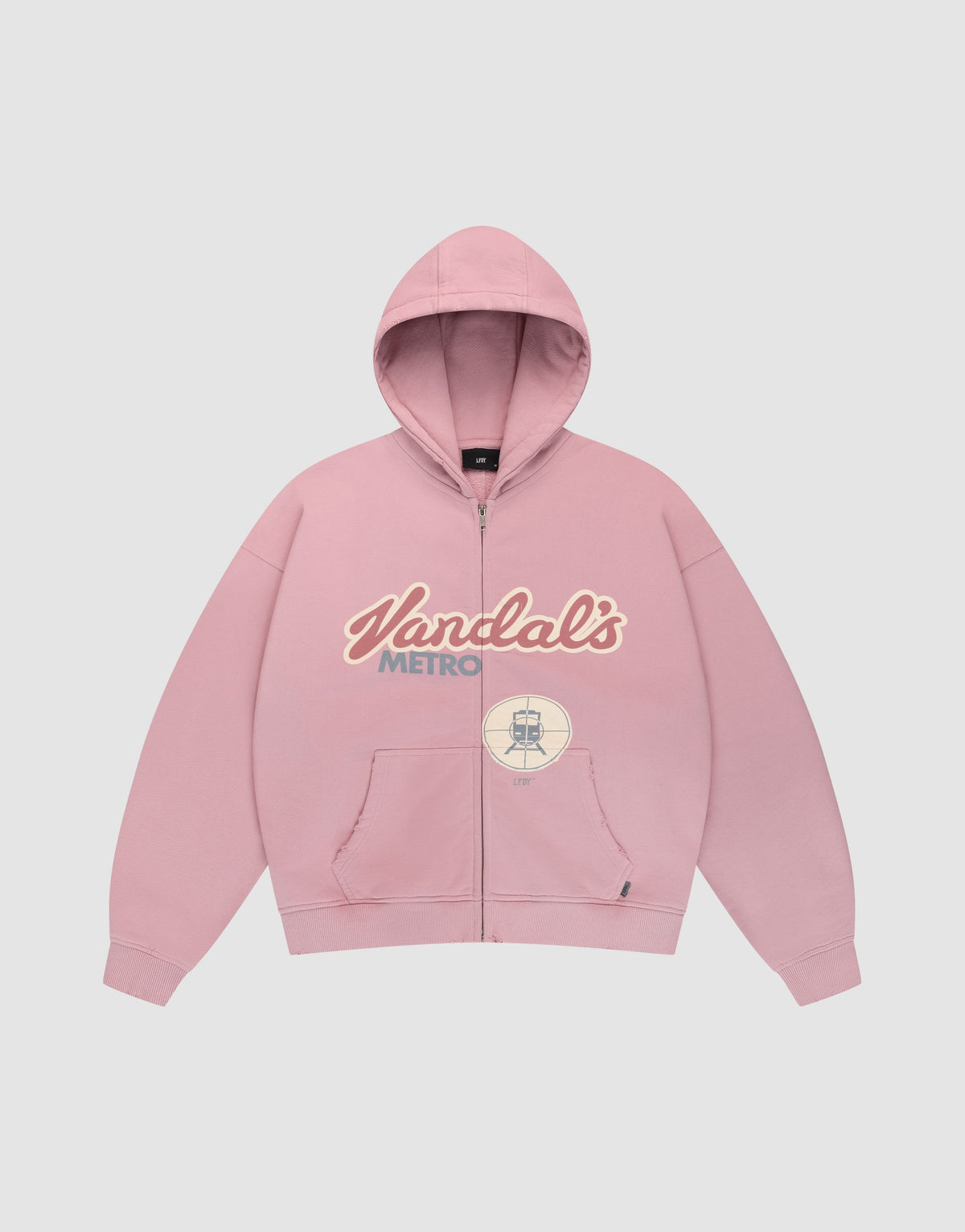 The LFDY Vandals Hooded Zip by LIVE FAST DIE YOUNG is a light pink, oversized hoodie with front pockets, cream and light blue "Vandals METRO" print, a small subway sign graphic, and distressed details for casual street style. | plain