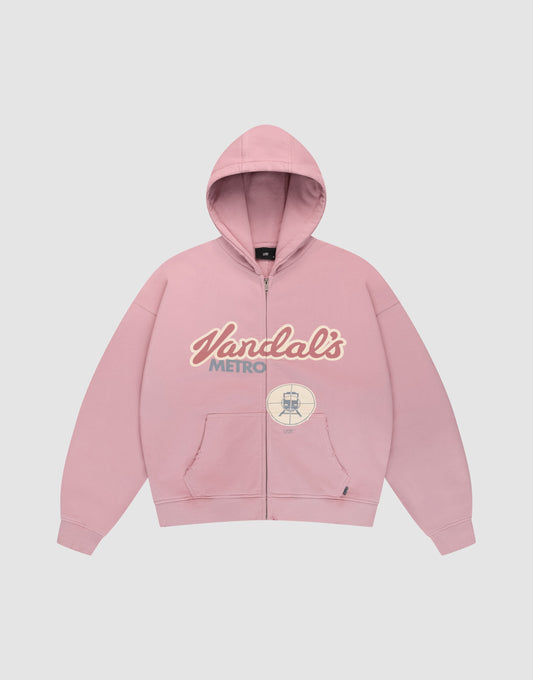 The LFDY Vandals Hooded Zip by LIVE FAST DIE YOUNG is a light pink, oversized hoodie with front pockets, cream and light blue "Vandals METRO" print, a small subway sign graphic, and distressed details for casual street style. | plain