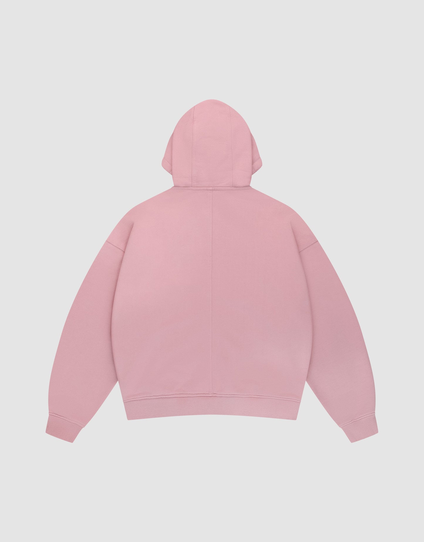 The LFDY Vandals Hooded Zip by LIVE FAST DIE YOUNG is displayed from the back, highlighting its long sleeves, oversize fit, and plain light pink color against a white background.