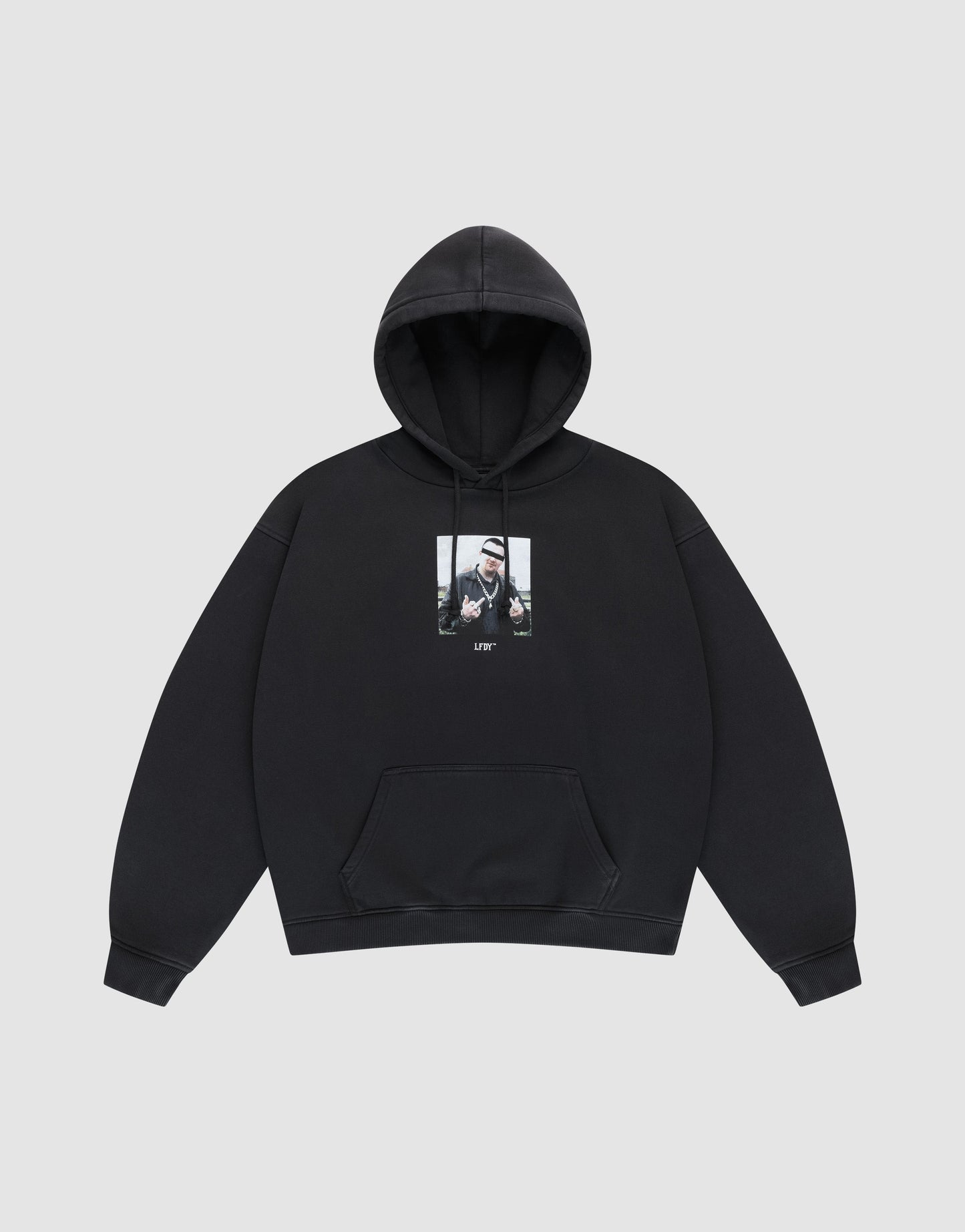 The LFDY Gambling Hooded by LIVE FAST DIE YOUNG is a black oversized hoodie with a front pocket, a rectangular photo and "LIFE" on the chest, crafted from cozy 360 GSM fabric for comfort. | plain