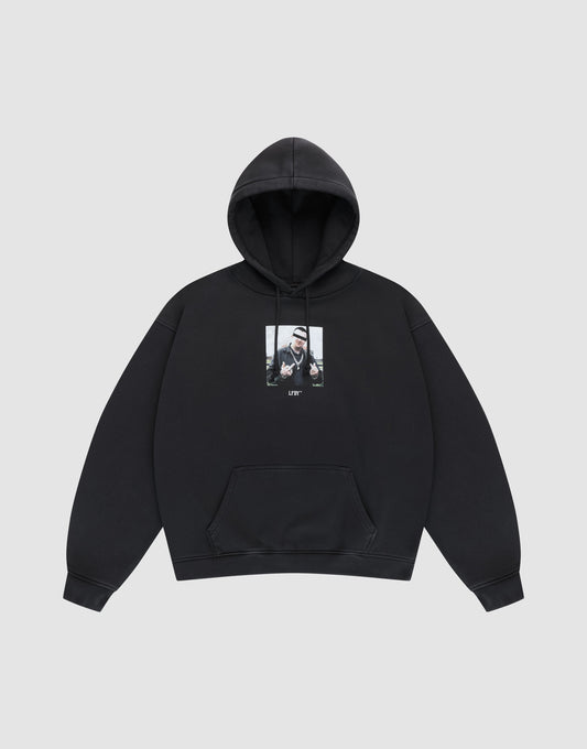 The LFDY Gambling Hooded by LIVE FAST DIE YOUNG is a black oversized hoodie with a front pocket, a rectangular photo and "LIFE" on the chest, crafted from cozy 360 GSM fabric for comfort. | plain