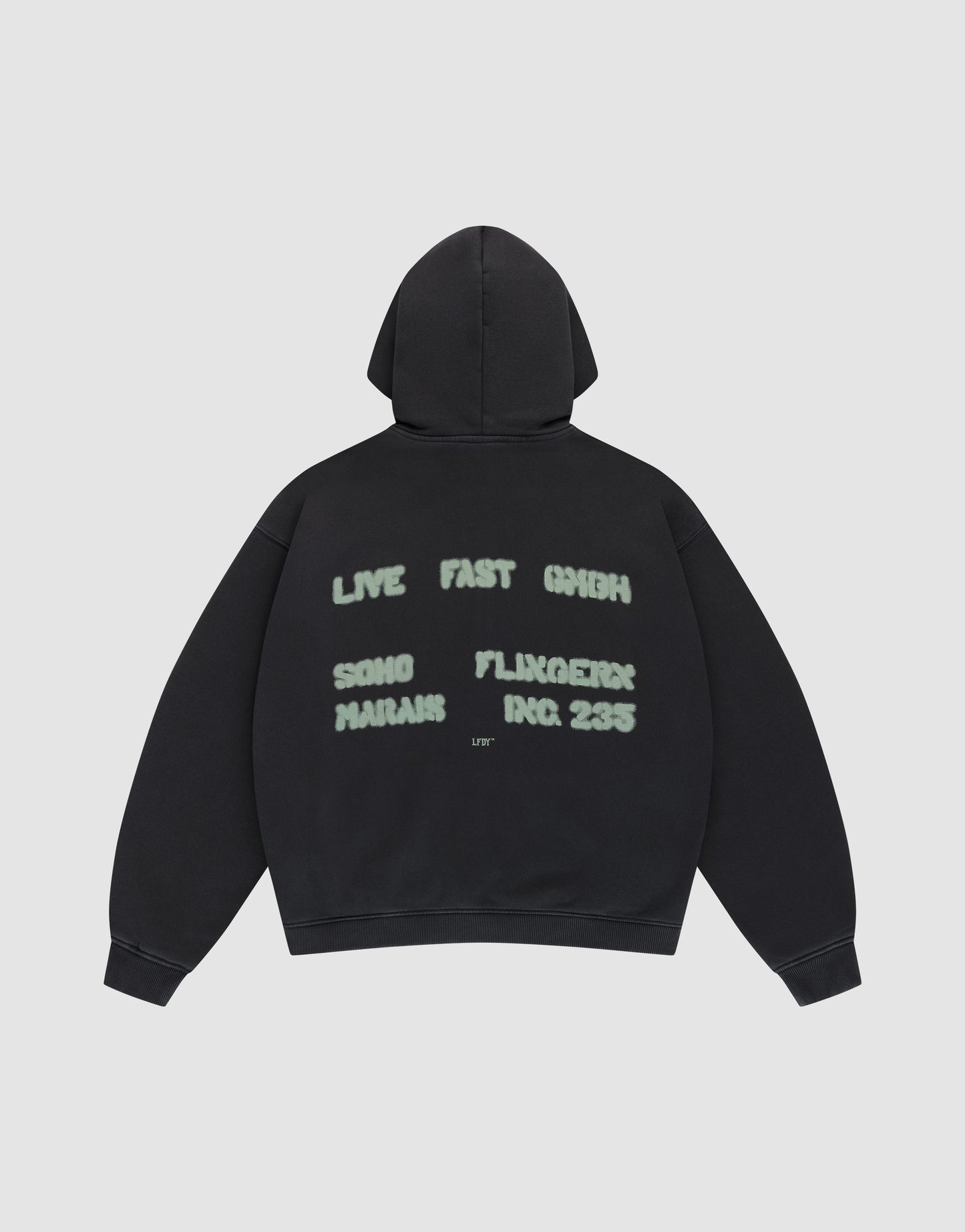 The Live Fast District Hooded Zip by LIVE FAST DIE YOUNG features an oversized black fit with light green spray-painted style text—LIVE FAST 6HIGH, SONG MARJAN, FLUXGEIST, INC. 235—and subtle LFDY branding on the back, shown flat on a plain light background. | plain