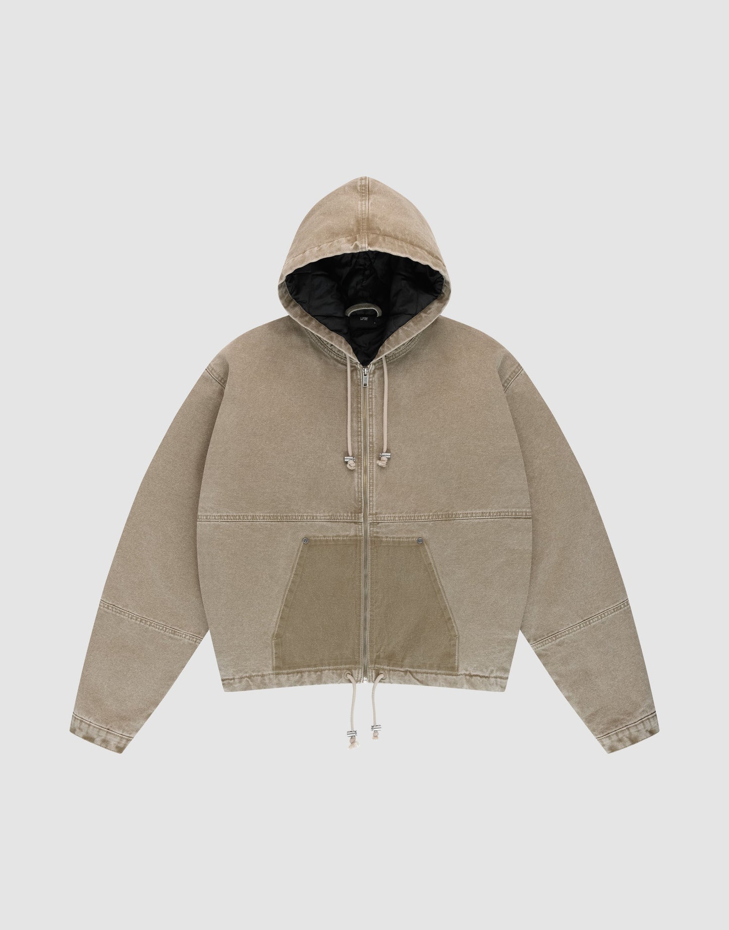 The LIVE FAST DIE YOUNG Faded Workwear Jacket is a taupe zip-up hoodie with a front kangaroo pocket, drawstring hood, and visible seam details, shown flat on a light gray background.