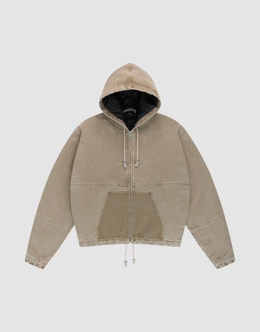 The LIVE FAST DIE YOUNG Faded Workwear Jacket is a taupe zip-up hoodie with a front kangaroo pocket, drawstring hood, and visible seam details, shown flat on a light gray background. | plain